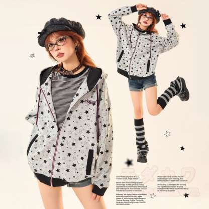 Vintage Star Print Gray Zip Up Hooded Sweatshirt - image 1