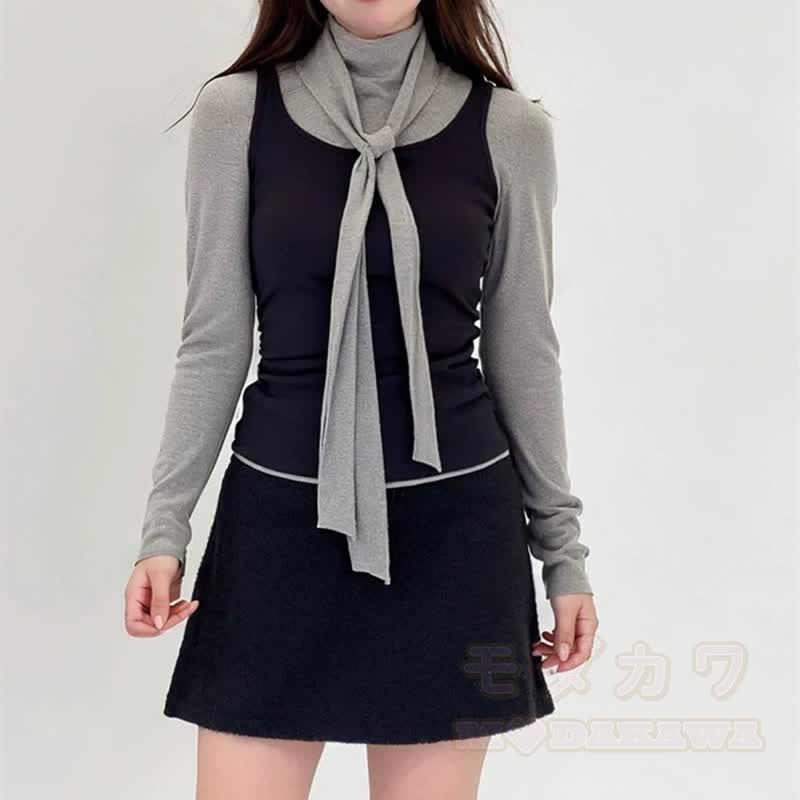 Chic Long Sleeves T-Shirt with Cami and Tie Three Pieces Set - image 2