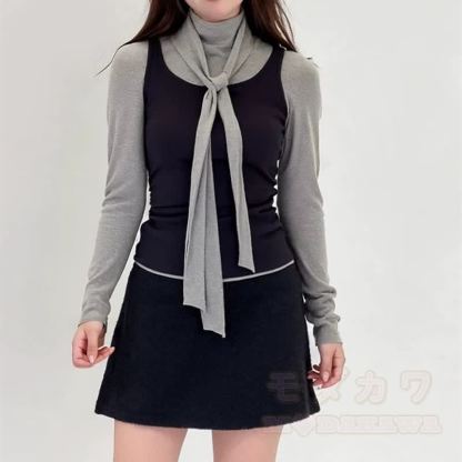 Chic Long Sleeves T-Shirt with Cami and Tie Three Pieces Set - image 2
