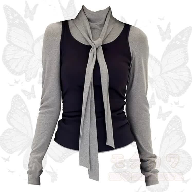 Chic Long Sleeves T-Shirt with Cami and Tie Three Pieces Set - Grey - 2XL - image 1