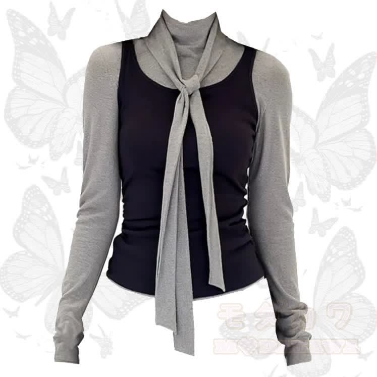Chic Long Sleeves T-Shirt with Cami and Tie Three Pieces Set - Grey - 2XL - image 1
