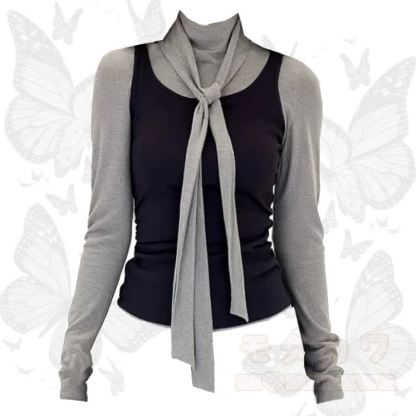 Chic Long Sleeves T-Shirt with Cami and Tie Three Pieces Set - Grey - 2XL - image 1