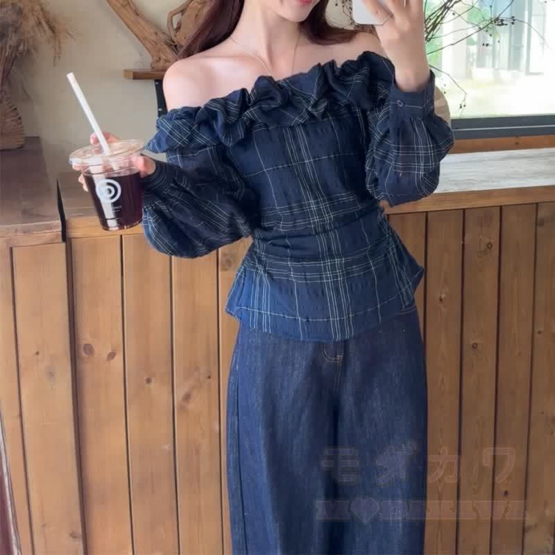 Korean Chic Plaid Off Shoulder Long Sleeves Top - image 3
