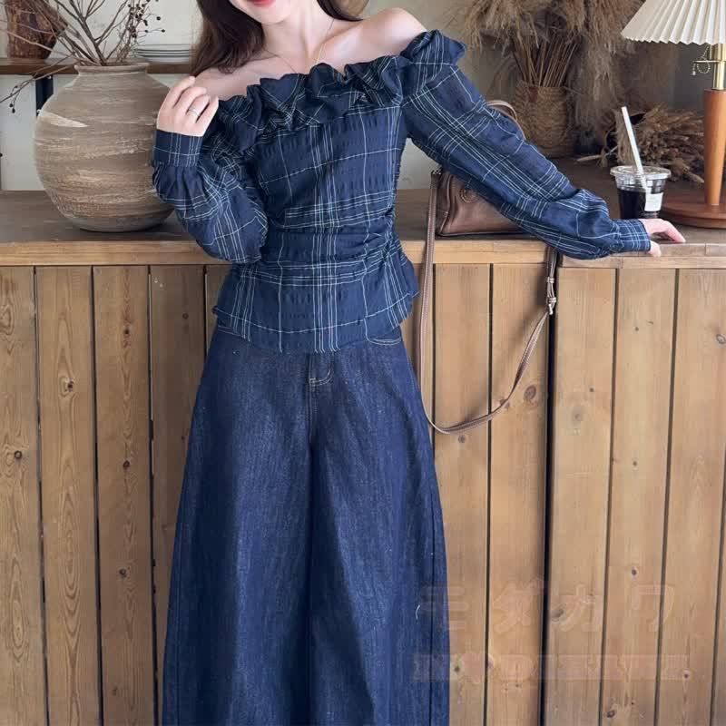 Korean Chic Plaid Off Shoulder Long Sleeves Top - image 2