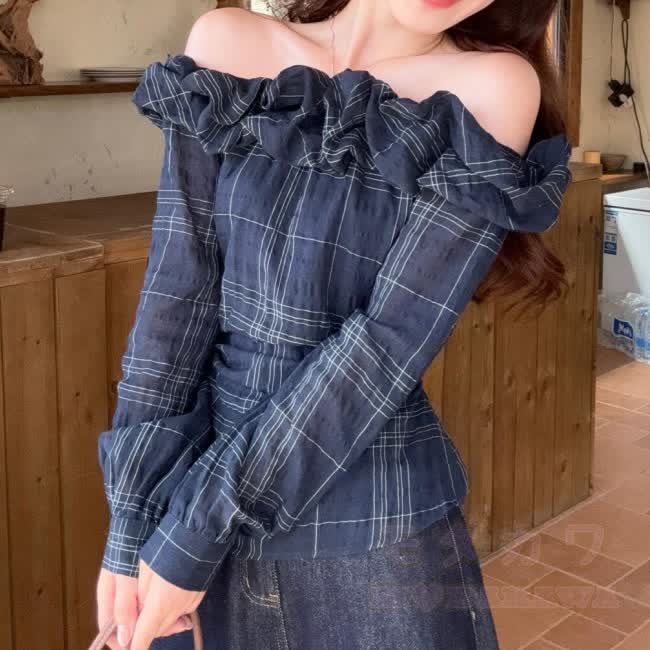 Korean Chic Plaid Off Shoulder Long Sleeves Top - Navy Blue - XL - image 1