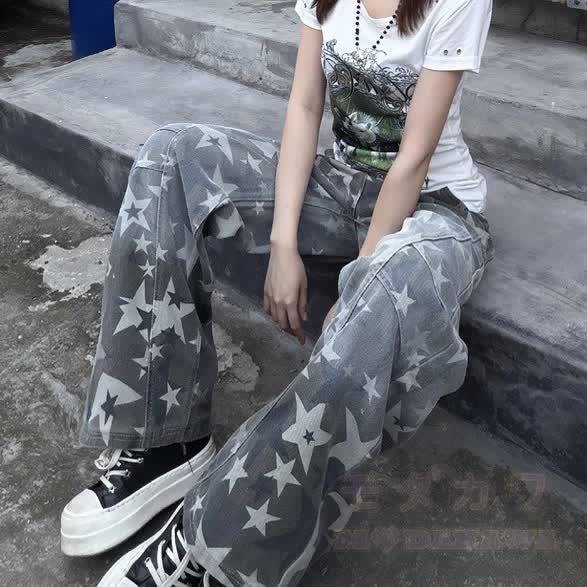 Y2K Star Print Camo Wide Leg Jeans - Camo - XL - image 1