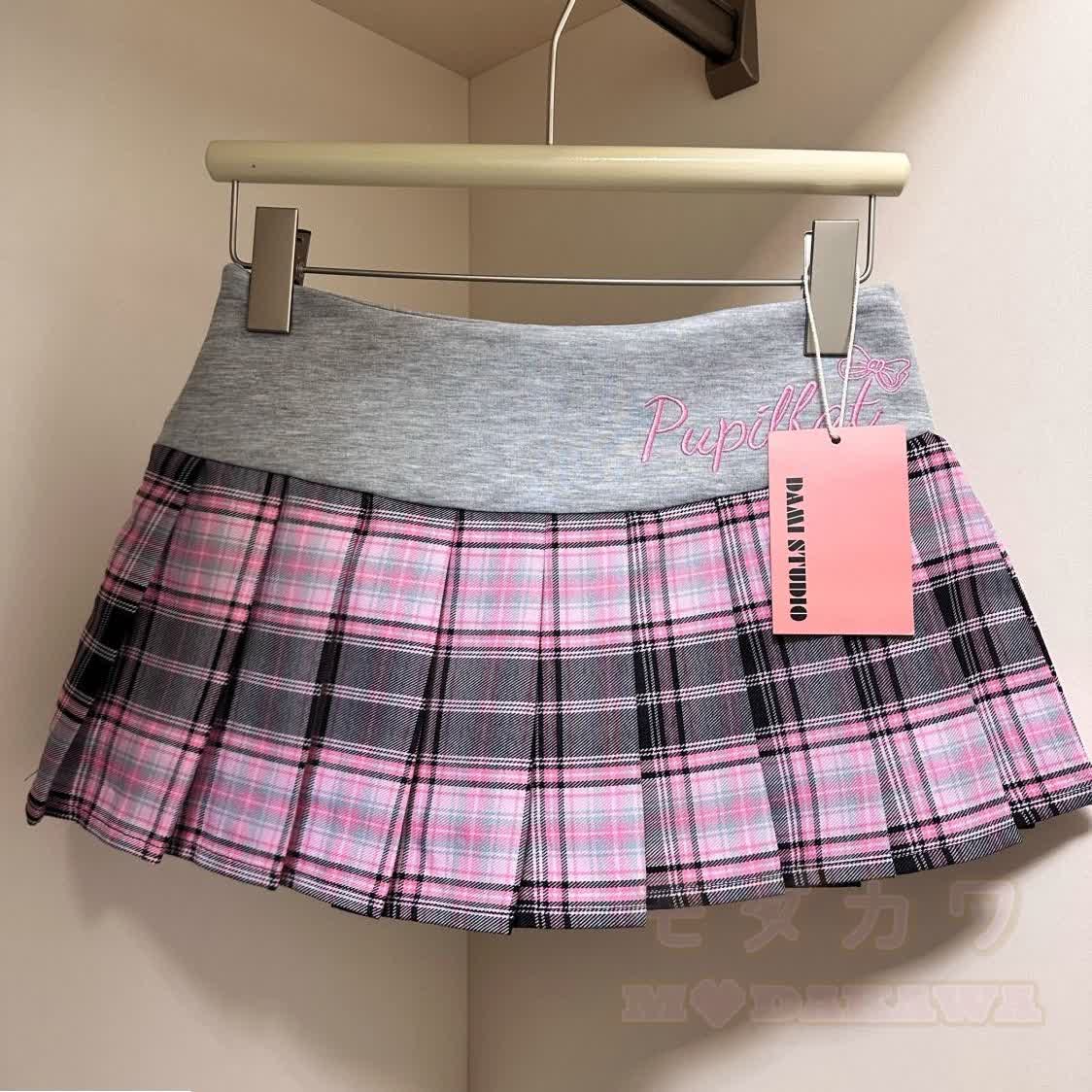 Y2K Embroidered Plaid Pleated Mini Skirt - Pink - XL - image 1