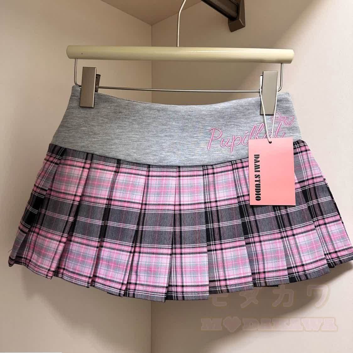 Y2K Embroidered Plaid Pleated Mini Skirt - Pink - XL - image 1