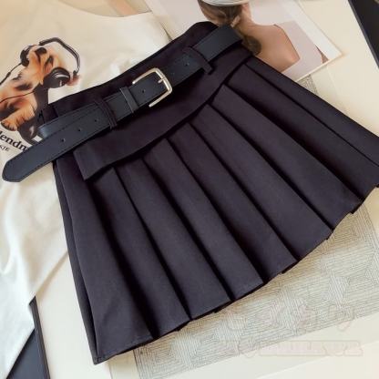 Preppy Pleated Mini Skirt with Belt - Black - XL - image 3