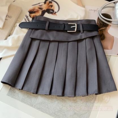 Preppy Pleated Mini Skirt with Belt - Grey - XL - image 2