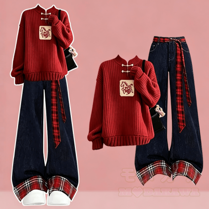 Modern Chinese Knit Sweatshirt and Vintage Jeans Two Pieces Set - Set - 3XL - image 1