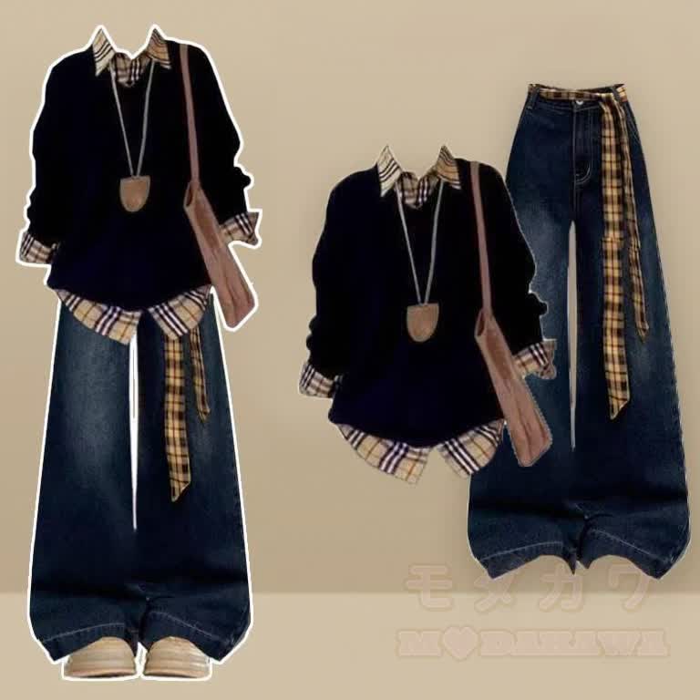 Plaid Patchwork Polo Neck Top And High Waist Washed Jeans Two Pieces Set - Set - XL - image 1