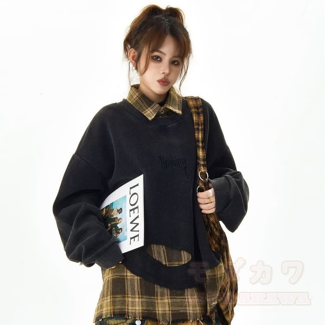 Plaid Distressed Loose Top And High Waist Washed Straight Leg Jeans Two Pieces Set - image 3