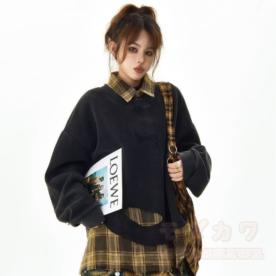 Plaid Distressed Loose Top And High Waist Washed Straight Leg Jeans Two Pieces Set - image 3