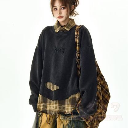Plaid Distressed Loose Top And High Waist Washed Straight Leg Jeans Two Pieces Set - Top - 2XL - image 2