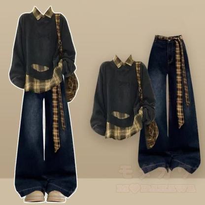 Plaid Distressed Loose Top And High Waist Washed Straight Leg Jeans Two Pieces Set - Set - 2XL - image 1