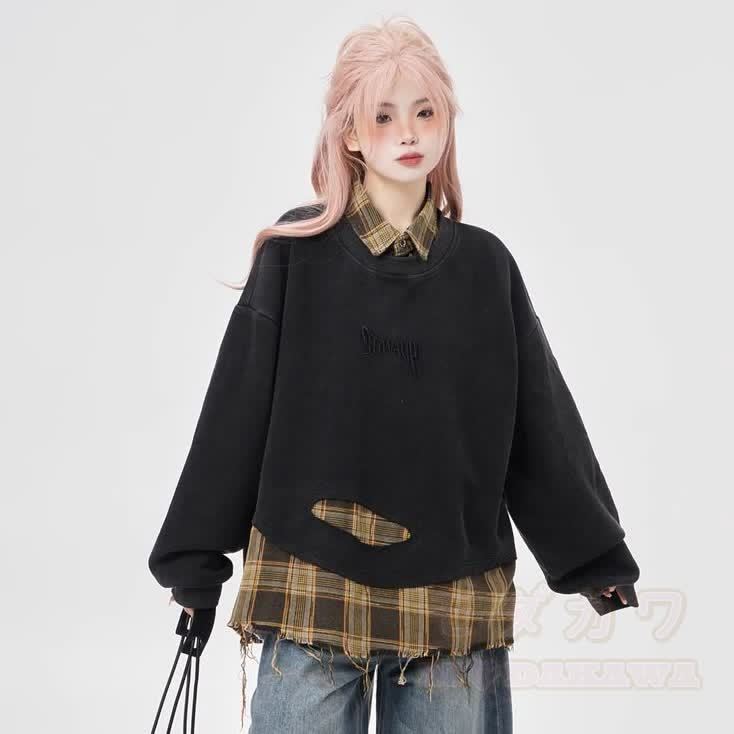 Plaid Distressed Loose Top And High Waist Washed Straight Leg Jeans Two Pieces Set - image 4