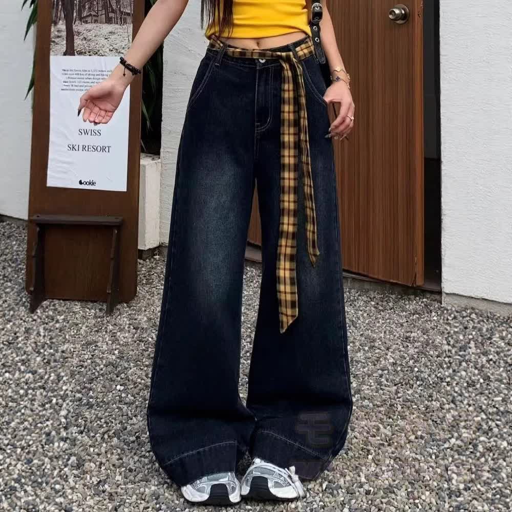 Plaid Distressed Loose Top And High Waist Washed Straight Leg Jeans Two Pieces Set - Pants - 2XL - image 5
