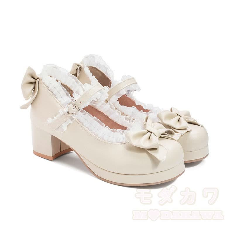 kawaii Lolita Bow Mary Jane Heels - Beige - 46 - image 5