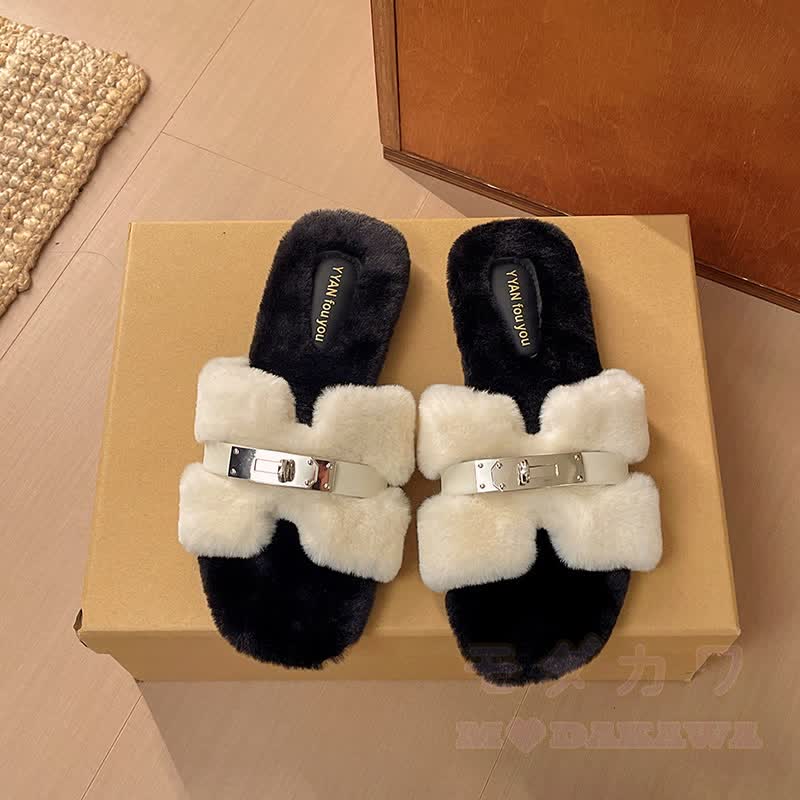 Soft Faux Fur Slip On Mules - Black and White - 40 - image 11
