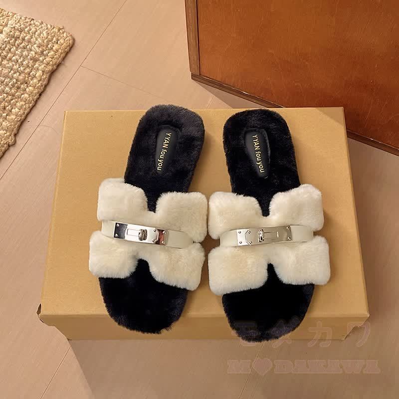 Soft Faux Fur Slip On Mules - Black and White - 40 - image 11