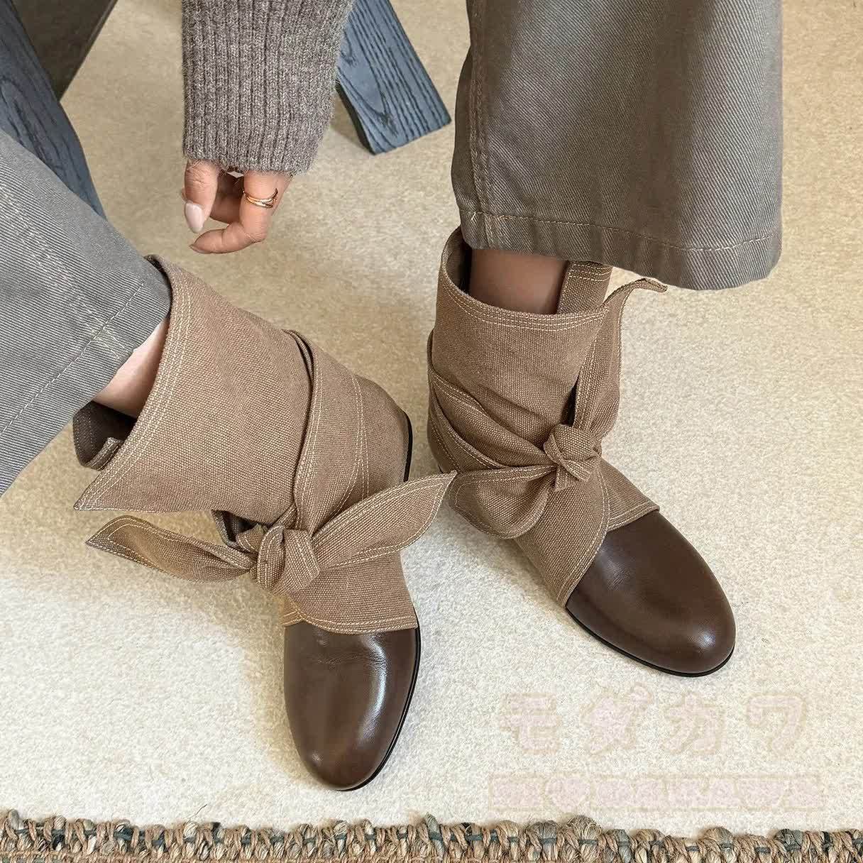 Vintage Bow Lace Up Round Toe Boots - Brown - 42 - image 4