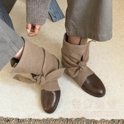 Vintage Bow Lace Up Round Toe Boots - Brown - 42 - image 4