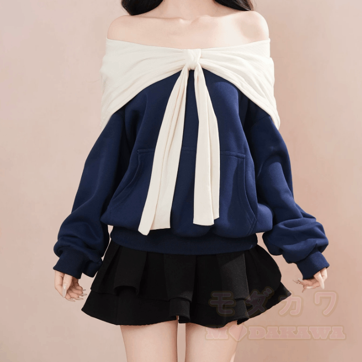 Off-Shoulder Navy Blue Sweatshirt - image 2