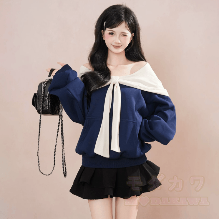 Off-Shoulder Navy Blue Sweatshirt - Navy Blue - XL - image 1