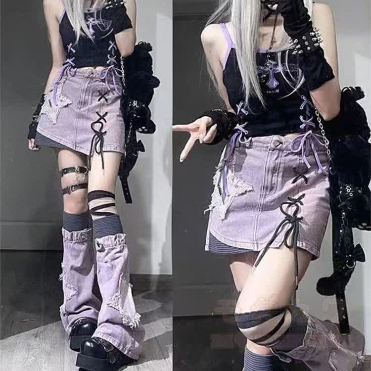 Purple Star Print Denim Skirt and Leg Warmers Two Pieces Set - image 2
