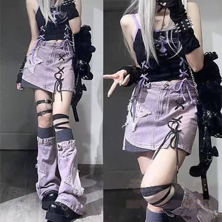 Purple Star Print Denim Skirt and Leg Warmers Two Pieces Set - image 2