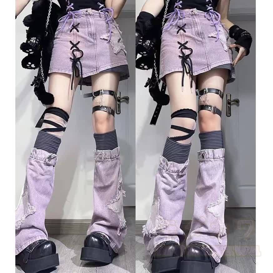 Purple Star Print Denim Skirt and Leg Warmers Two Pieces Set - Set - XL - image 3