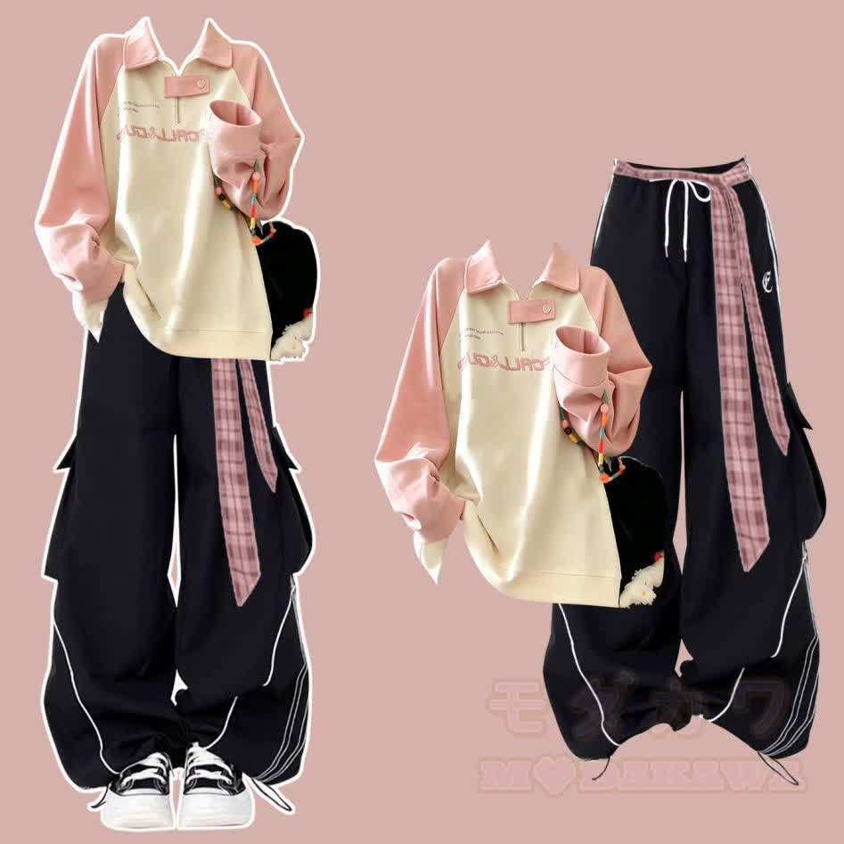Pink Hoodless Sweatshirt and Black Cargo Pants Two PIeces Set - Set - XL - image 1