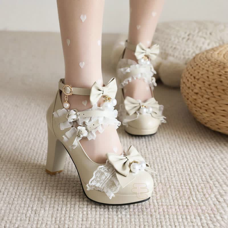 Kawaii Lolita Bow Mary Jane Heels - Beige - 46 - image 2