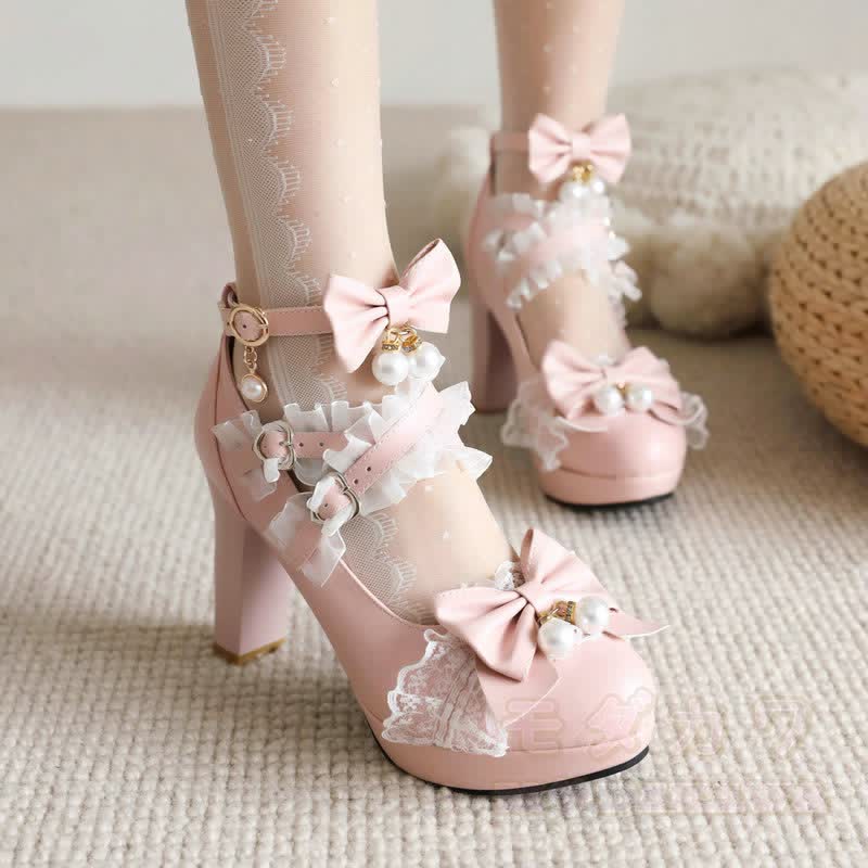 Kawaii Lolita Bow Mary Jane Heels - Pink - 46 - image 3