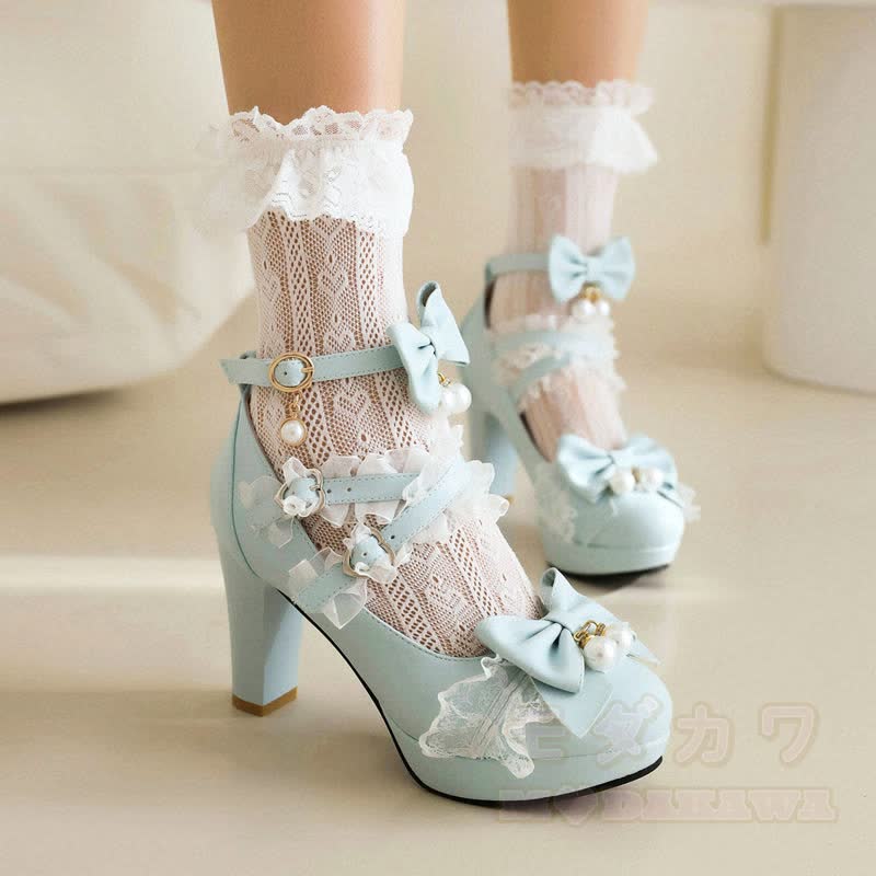Kawaii Lolita Bow Mary Jane Heels - Blue - 46 - image 1