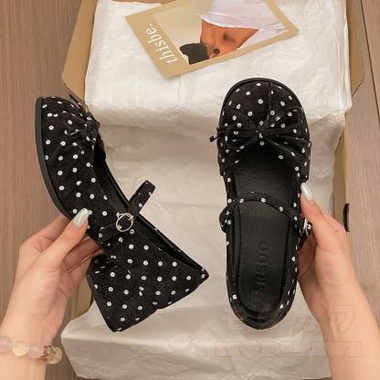 Sweet Polka Dot Bow Mary Jane Shoes - Black - 40 - image 3