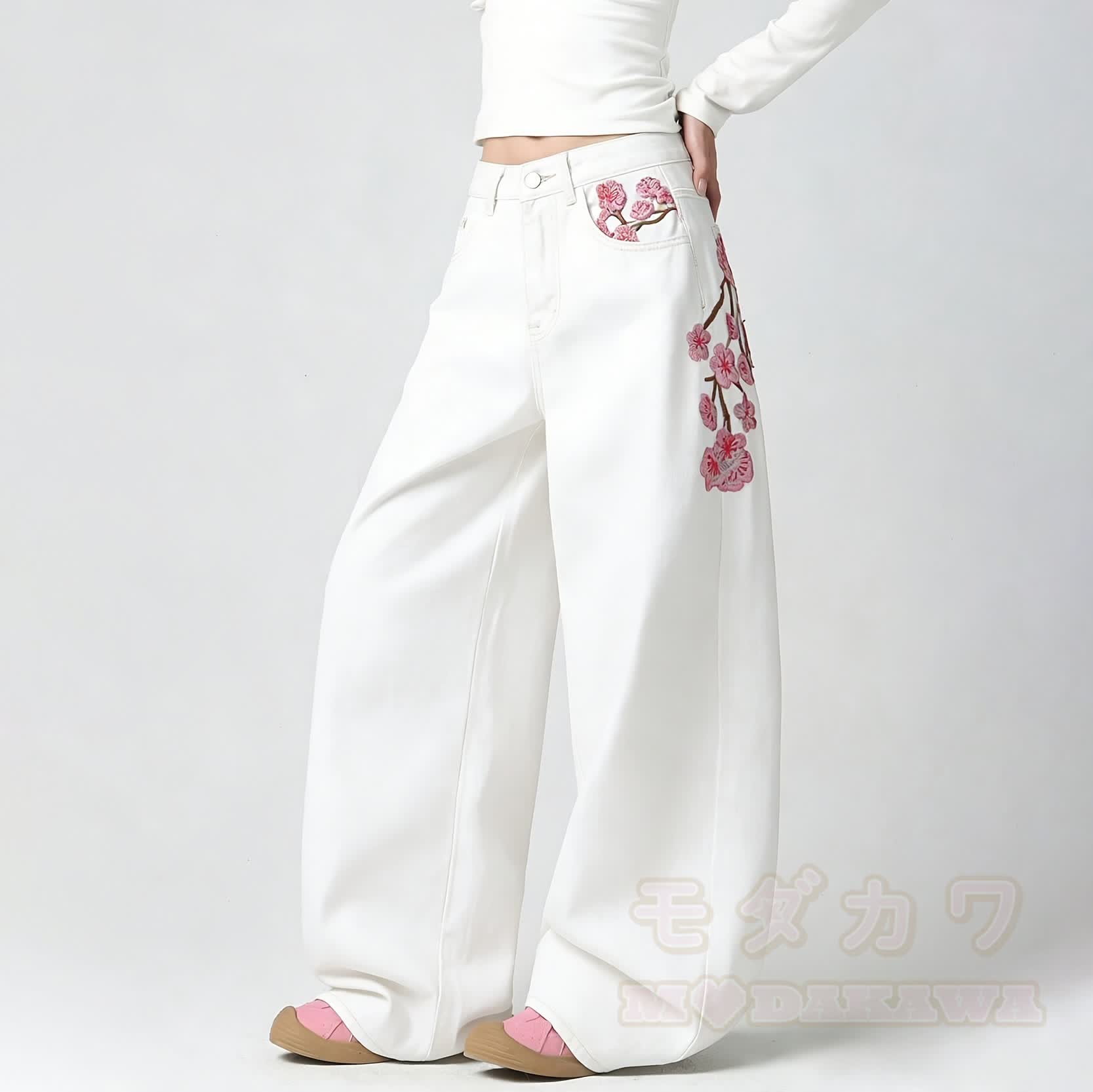 Modern Chinese Inspired Plum Blossom Embroidered Jeans - image 2