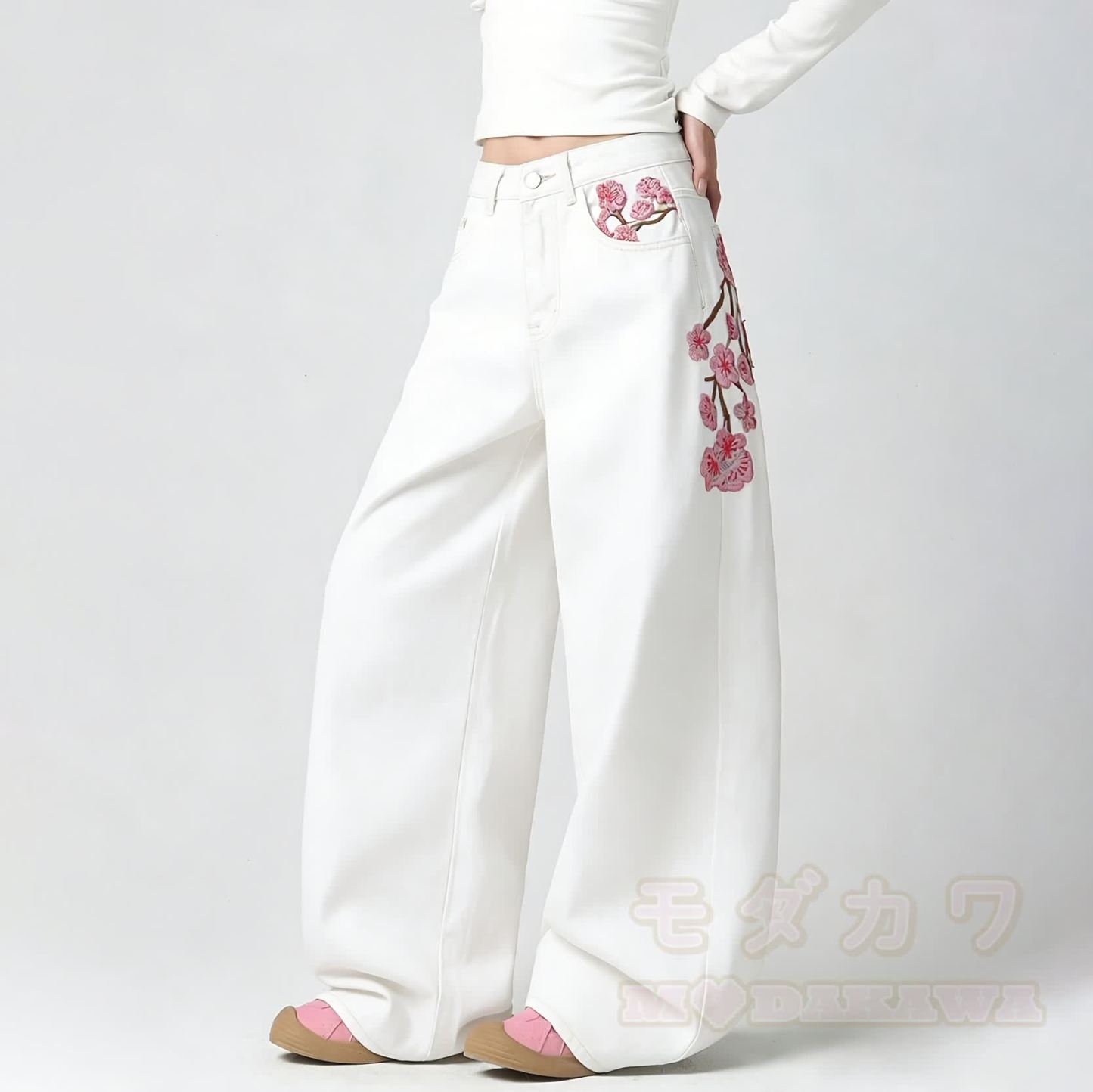 Modern Chinese Inspired Plum Blossom Embroidered Jeans - image 2