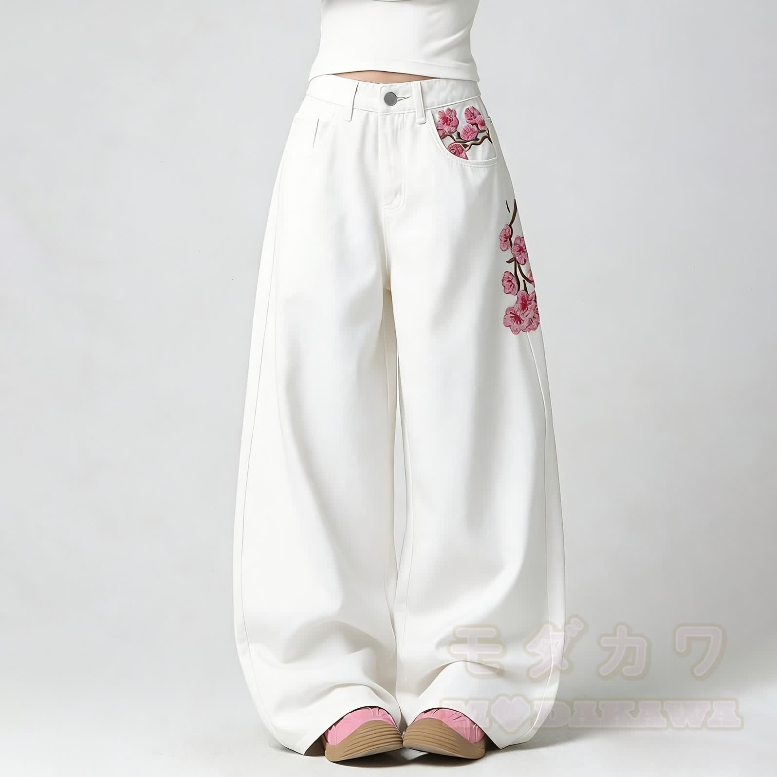 Modern Chinese Inspired Plum Blossom Embroidered Jeans - White - 2XL - image 1