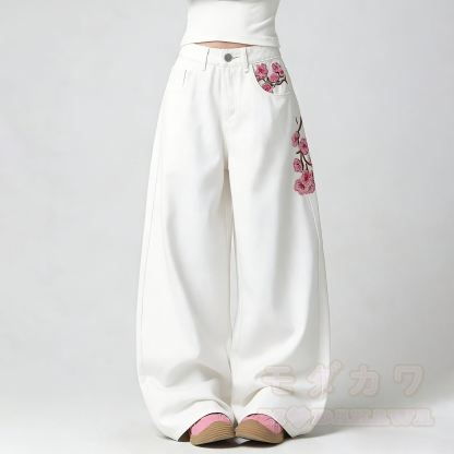 Modern Chinese Inspired Plum Blossom Embroidered Jeans - White - 2XL - image 1