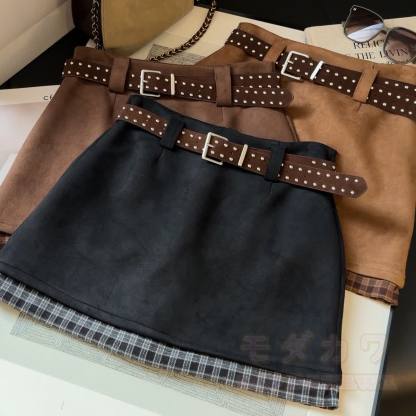 Vintage Plaid Contrast Suede Layered Skirt - image 2