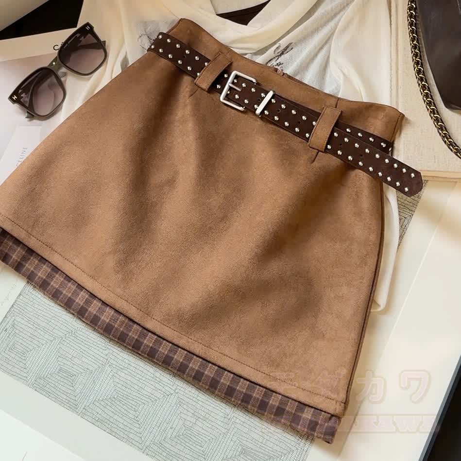 Vintage Plaid Contrast Suede Layered Skirt - Khaki - XL - image 1