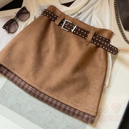 Vintage Plaid Contrast Suede Layered Skirt - Khaki - XL - image 1