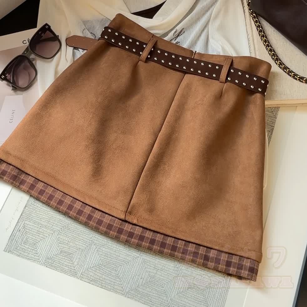 Vintage Plaid Contrast Suede Layered Skirt - image 6