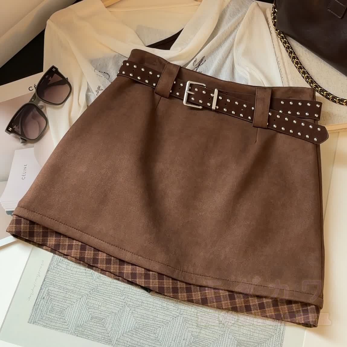Vintage Plaid Contrast Suede Layered Skirt - Coffee Brown - XL - image 3