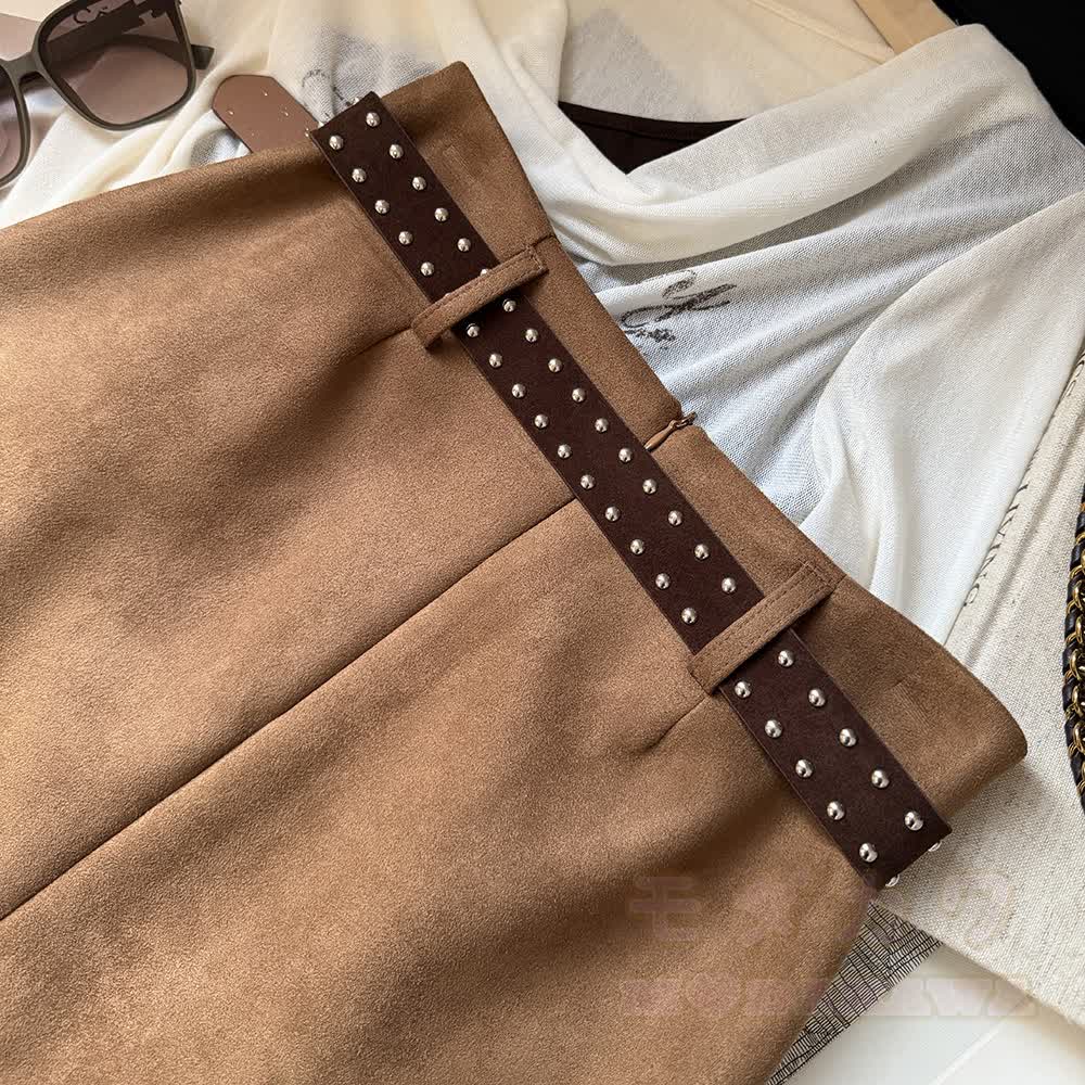 Vintage Plaid Contrast Suede Layered Skirt - image 7