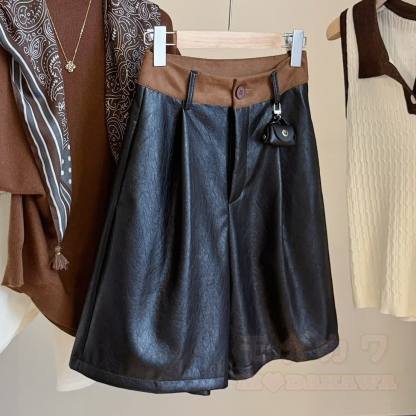Vintage Faux Leather Wide Leg Shorts - Black - XL - image 5