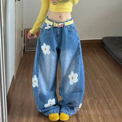 Chic Floral Embroidered Patchwork Jeans - Blue - 3XL - image 3
