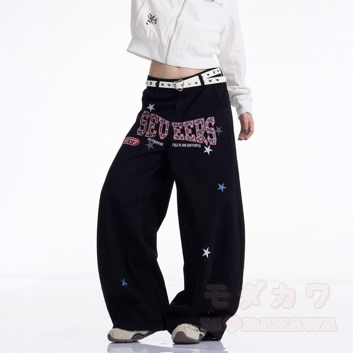 Vintage Print Wide Leg Denim Jeans - image 4